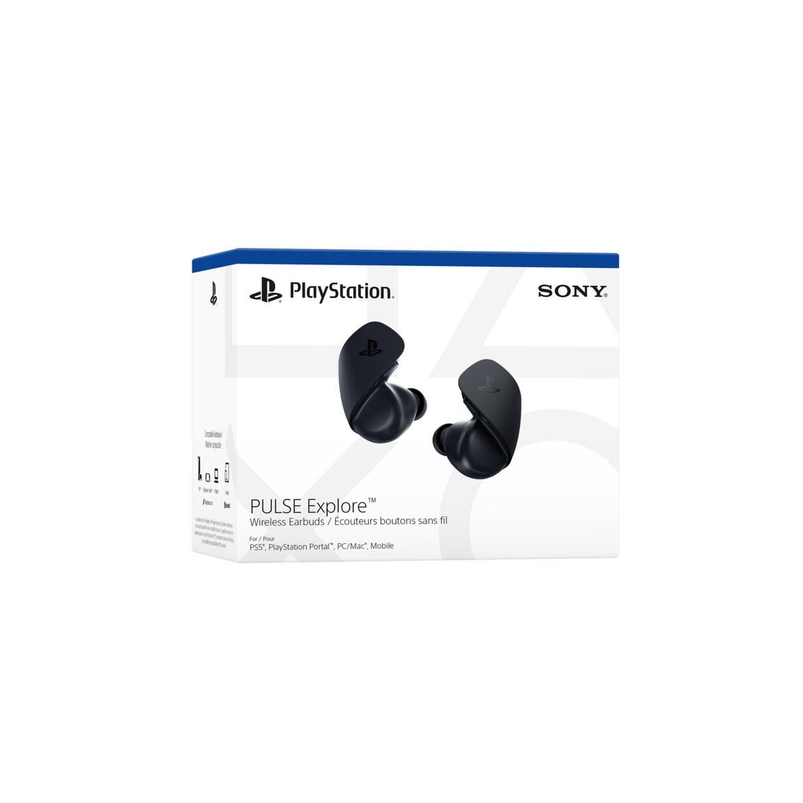 Wireless gaming earbuds with PlayStation and Sony branding, designed for immersive sound and comfort.