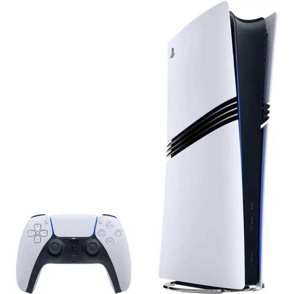 PlayStation 5 gaming console with DualSense controller, white and black design, modern gaming setup.