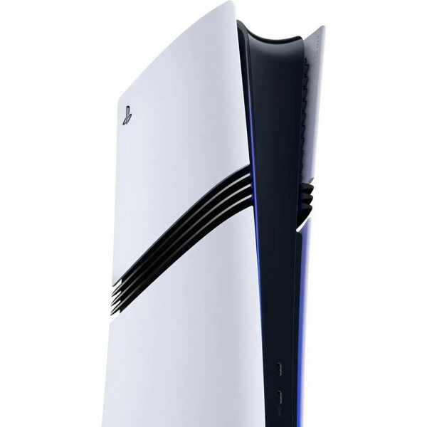 PlayStation 5 gaming console with sleek white design and black accents, featuring blue LED lighting.