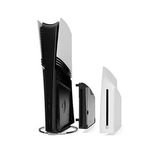 High-quality gaming console with detachable disk drive, black and white design, perfect for gaming e.