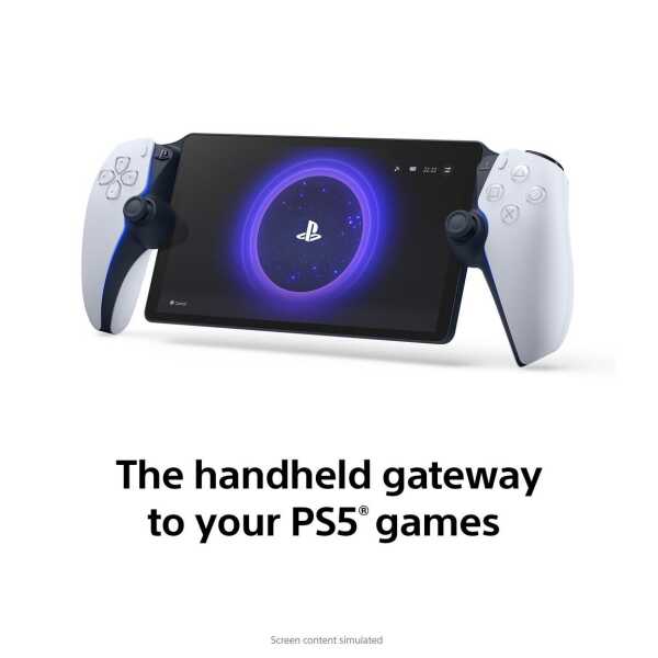PlayStation 5 handheld gaming device with dual controllers and screen.
