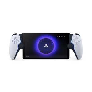 Portable gaming console with dual controllers and PlayStation logo display.