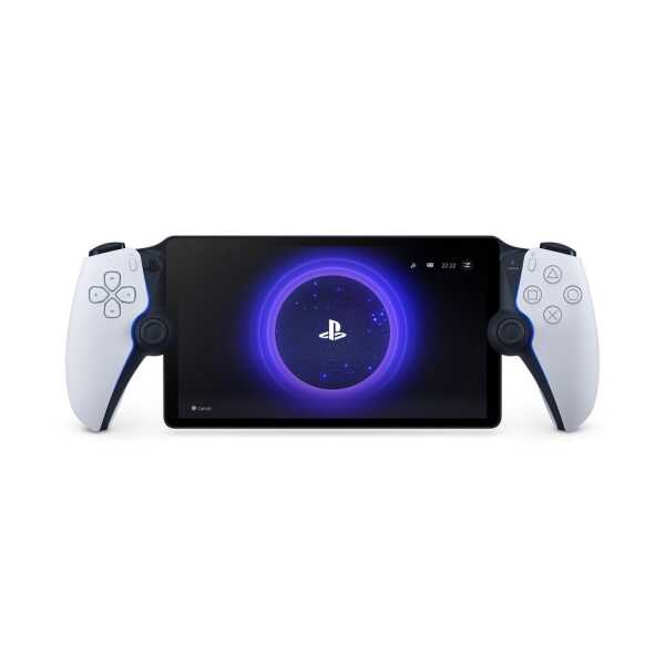 Portable gaming console with dual controllers and PlayStation logo display.