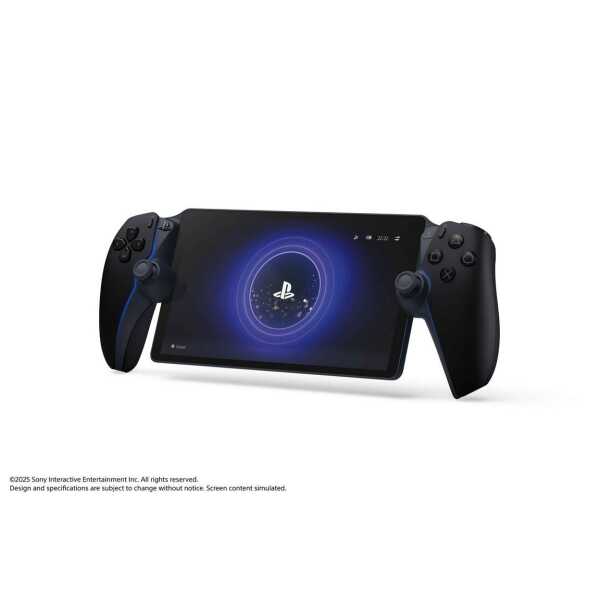PlayStation Portable with dual controllers and screen displaying PlayStation logo, gaming device for.
