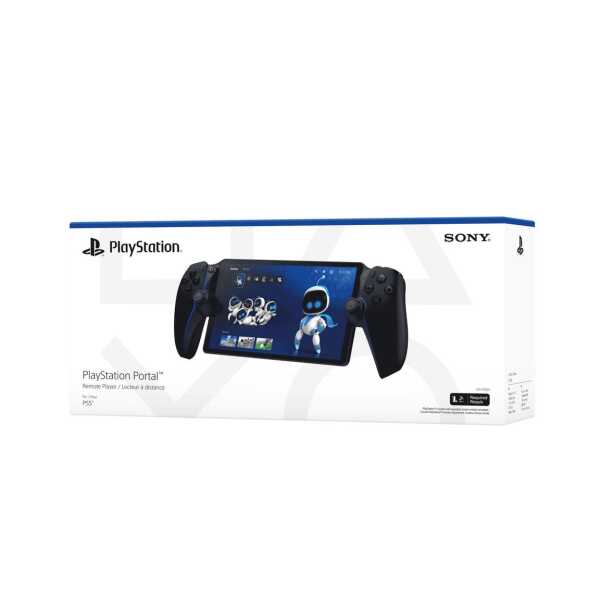 PlayStation Portal remote gaming device with dual controllers and digital display.