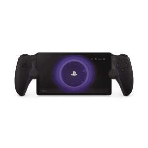 PlayStation handheld gaming console with dual controllers and screen.