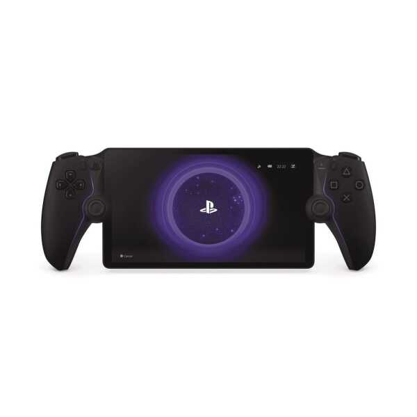 PlayStation handheld gaming console with dual controllers and screen.