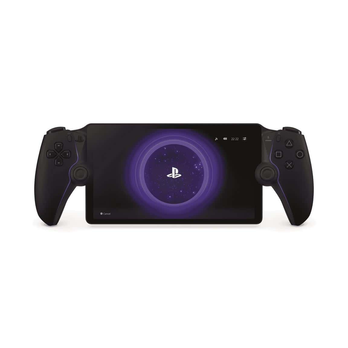 PlayStation handheld gaming console with dual controllers and screen.
