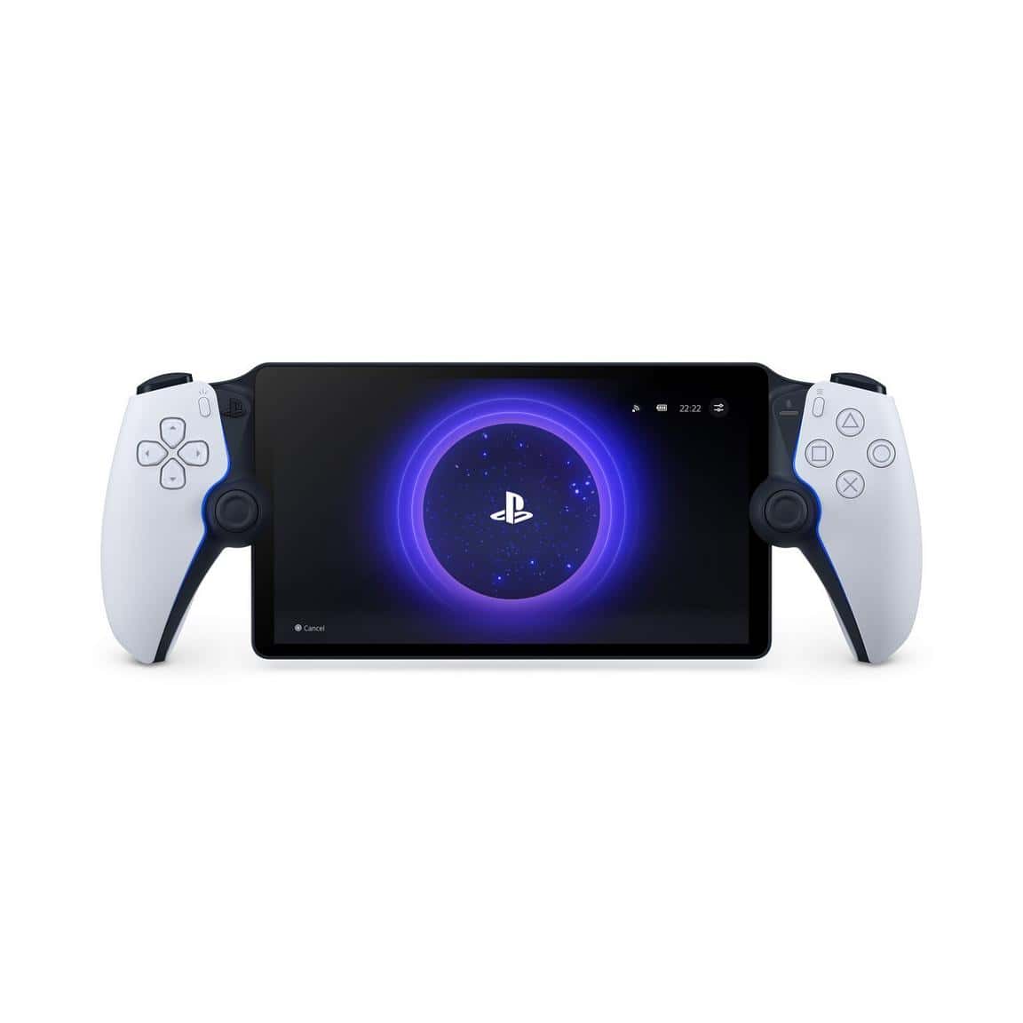 Portable gaming console with dual controllers and PlayStation logo display.