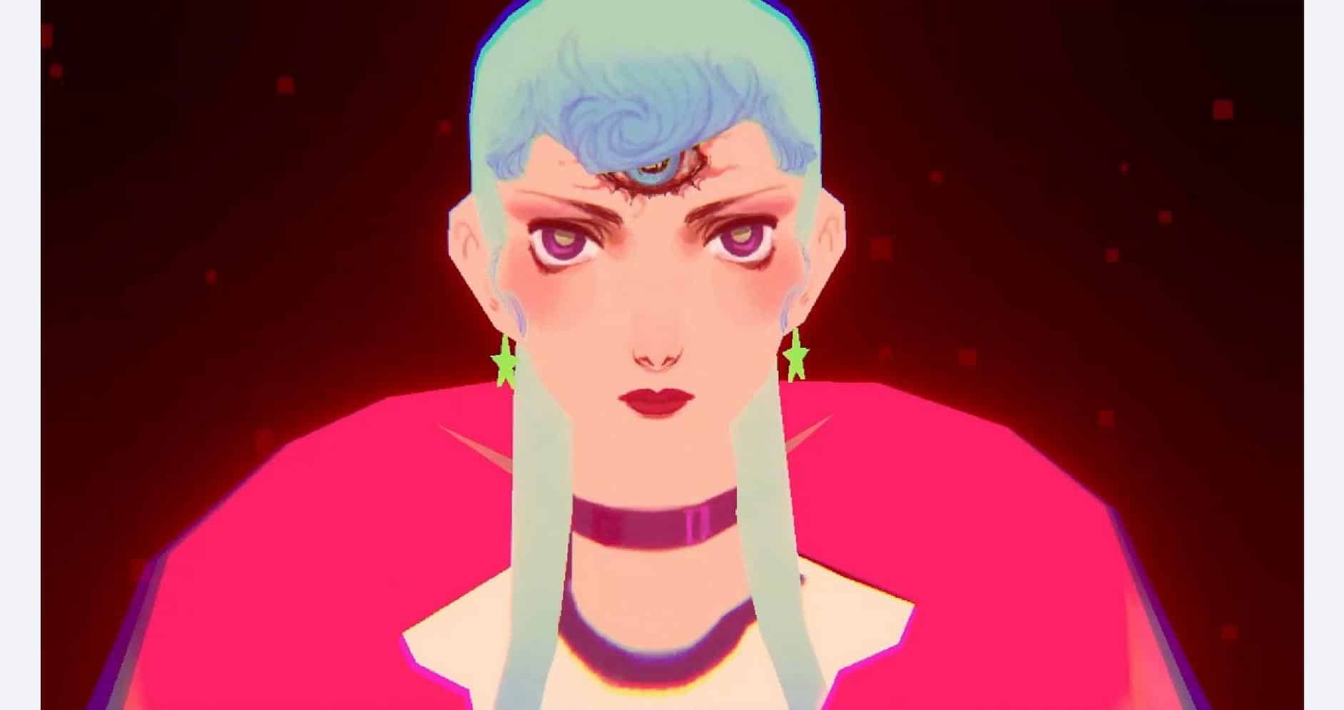 Digital illustration of a fierce woman with blue hair and bold makeup for Gameware.