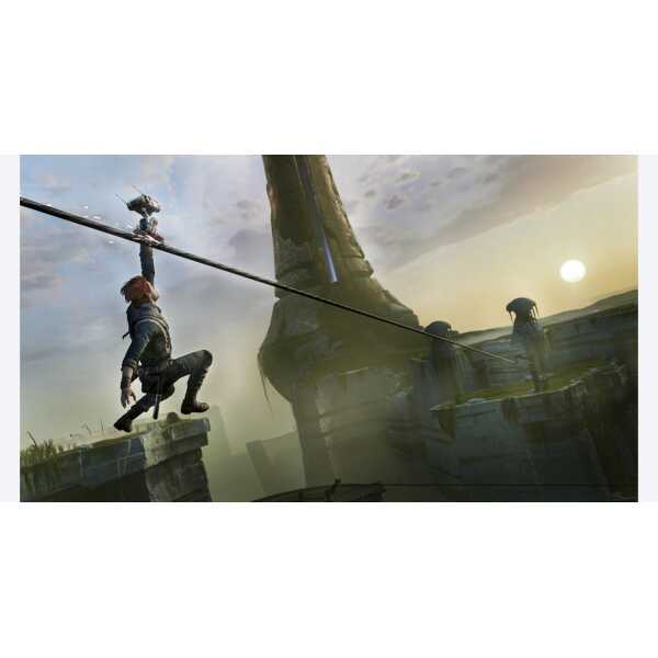 A game character swinging across a rope on a ship in a fantasy adventure scene.