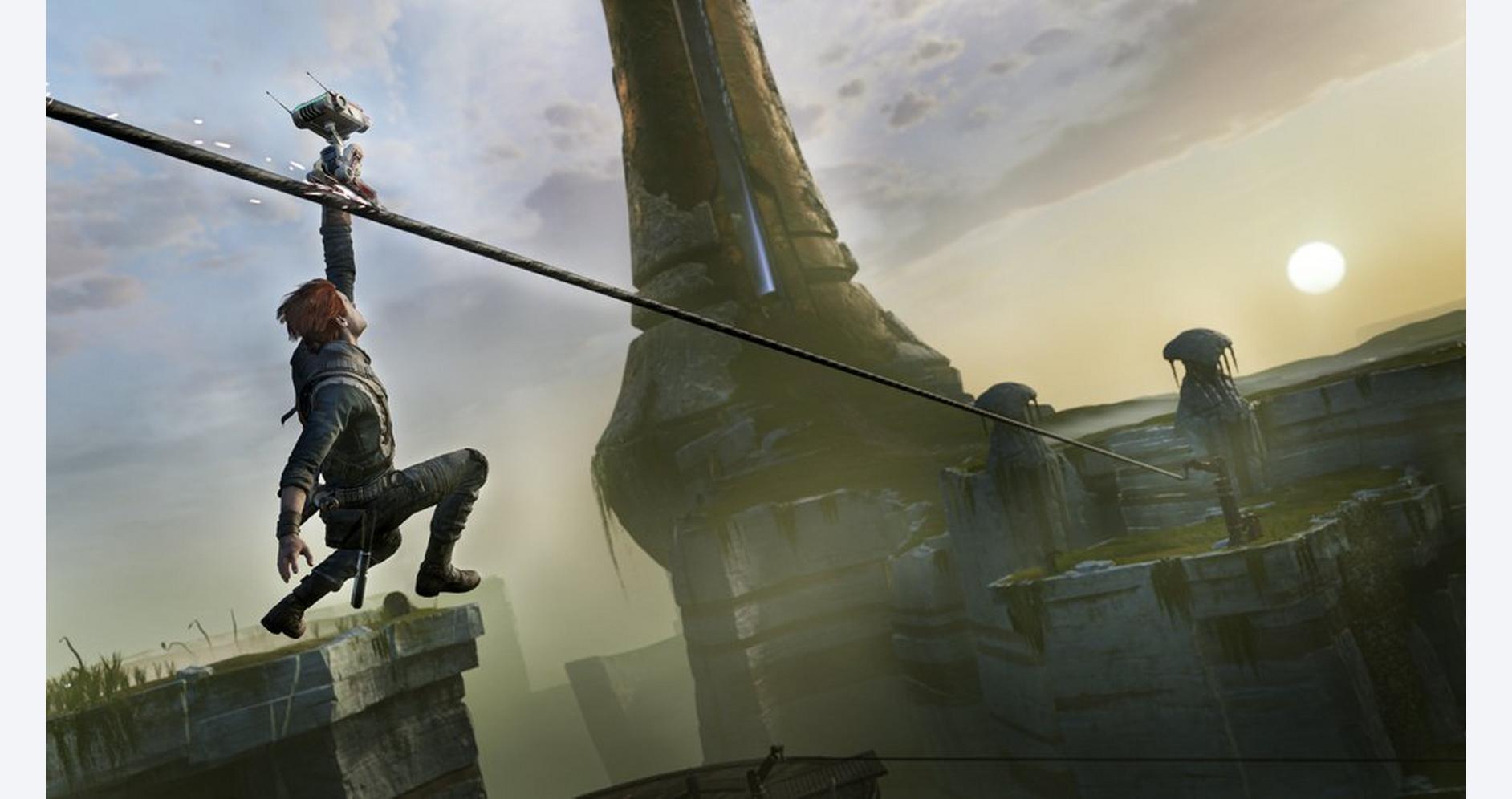 A game character swinging across a rope on a ship in a fantasy adventure scene.