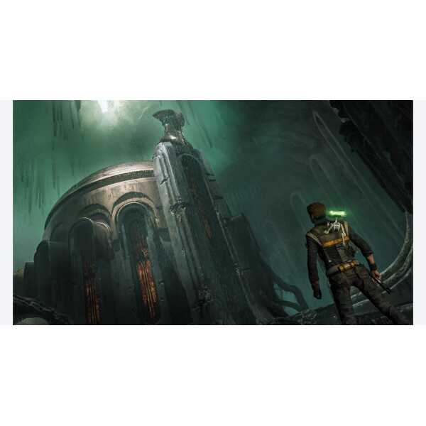 A futuristic soldier exploring a mysterious alien structure in a sci-fi environment.