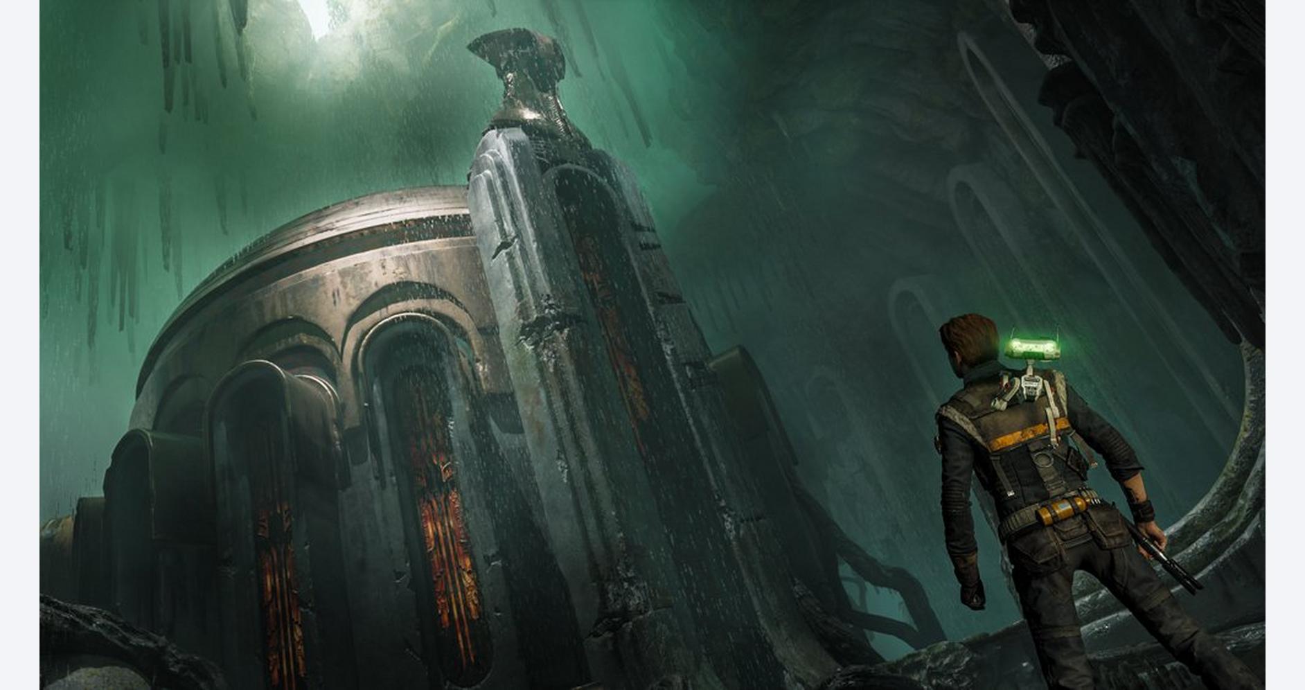 A futuristic soldier exploring a mysterious alien structure in a sci-fi environment.