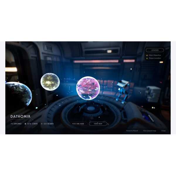 A futuristic spaceship interior with holographic planets and space exploration interface.