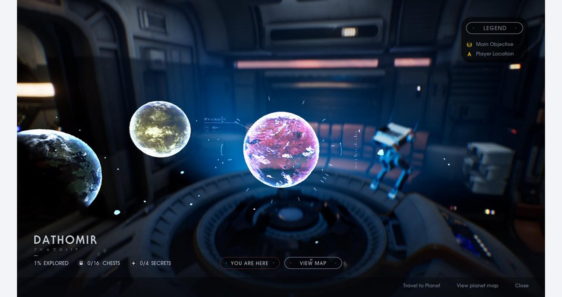 A futuristic spaceship interior with holographic planets and space exploration interface.