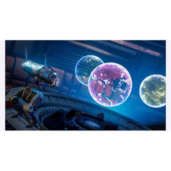 Exploring futuristic space technology with Earth-like planets and advanced robotics in a sci-fi sett.
