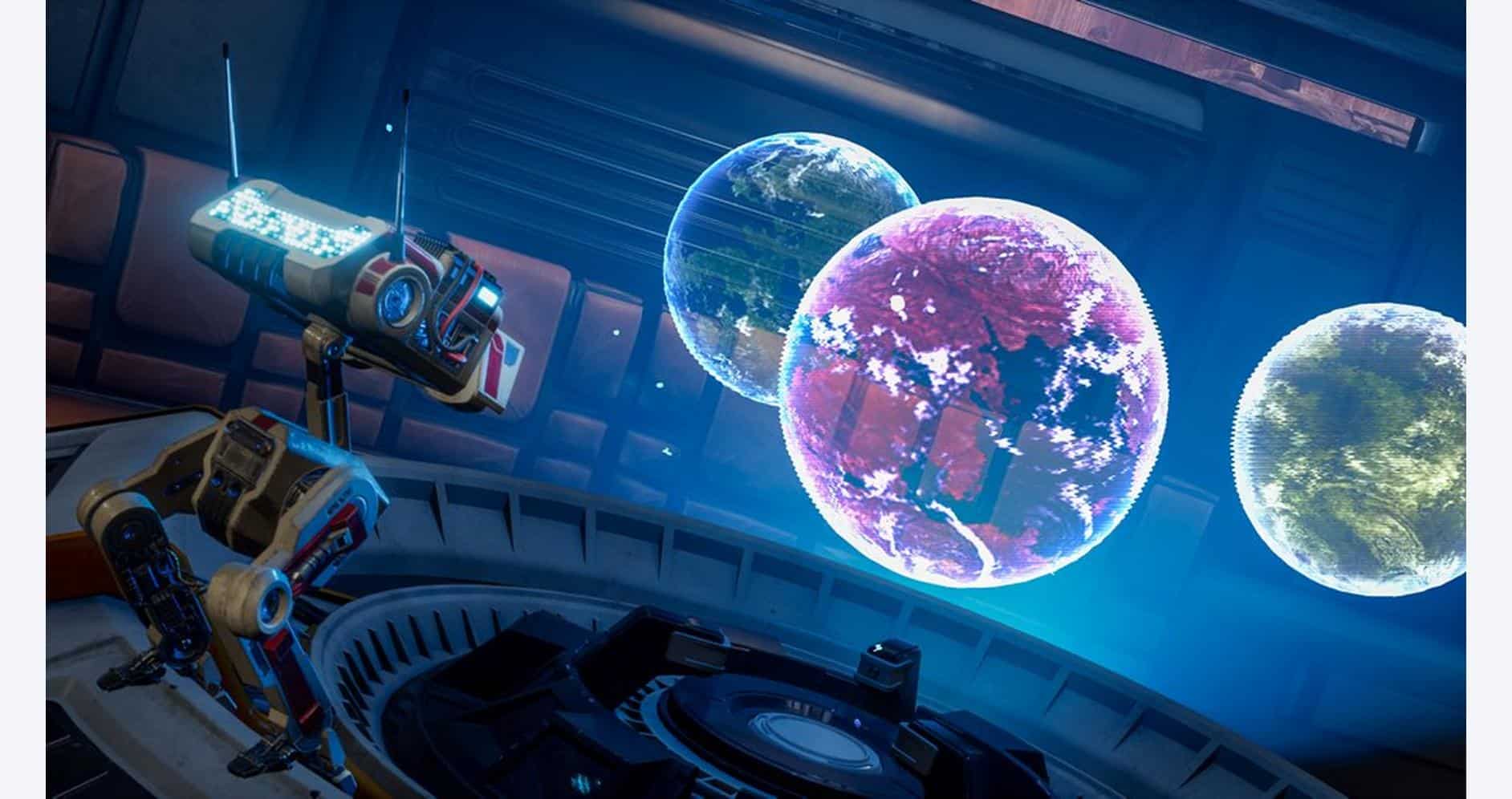 Exploring futuristic space technology with Earth-like planets and advanced robotics in a sci-fi sett.