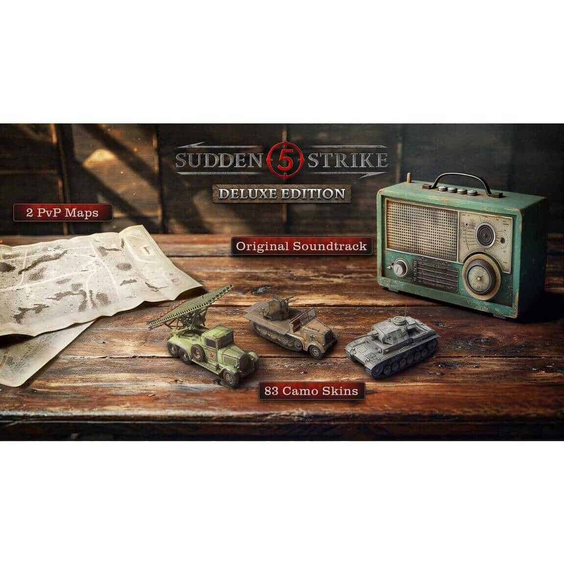Sudden Strike 5 Deluxe Edition game with military models and vintage radio.