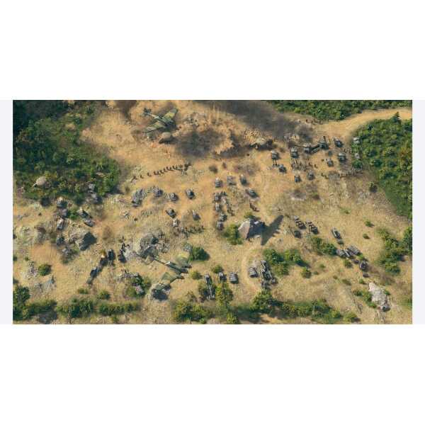 Aerial view of a military battlefield with tanks and helicopters in combat.