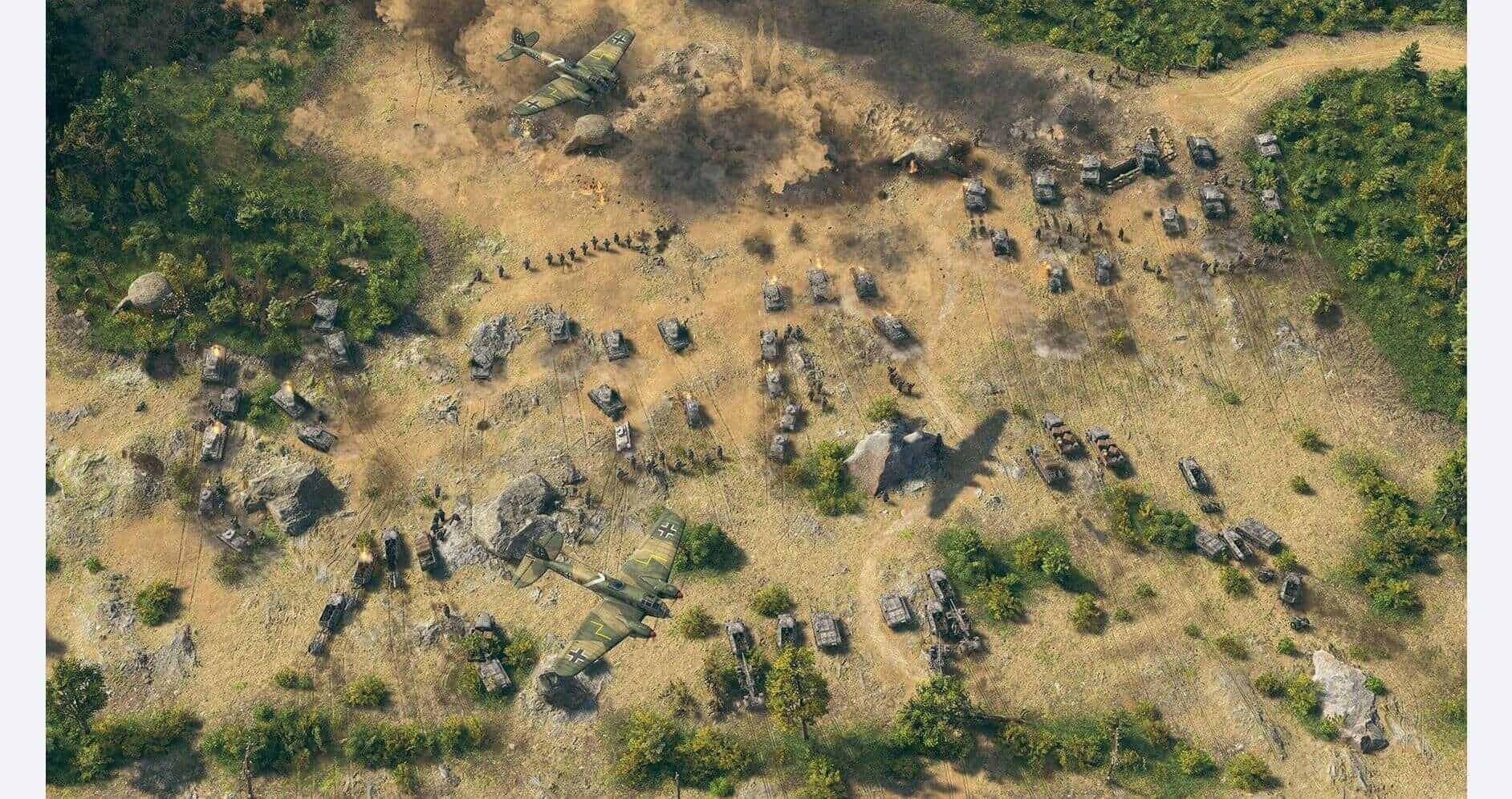 Aerial view of a military battlefield with tanks and helicopters in combat.