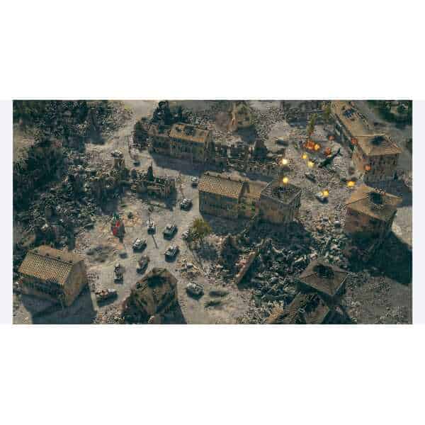 Intense battlefield scene from Sudden Strike 5 with destroyed buildings and military vehicles.