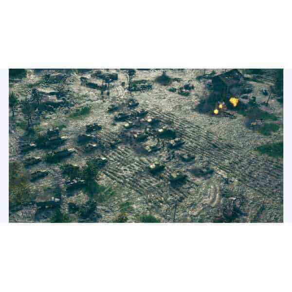 Military tanks and vehicles in a battlefield scene from Sudden Strike 5 - Deluxe Edition.