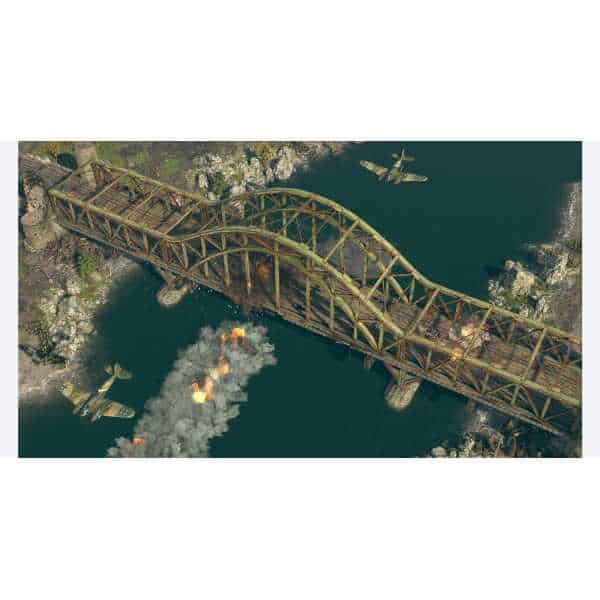 Military aircraft flying over a bridge during a battle scene in Sudden Strike 5.