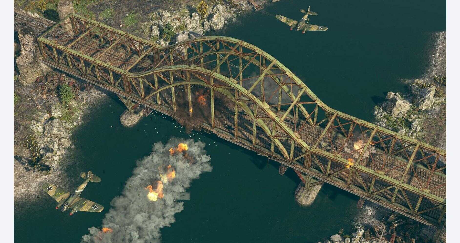Military aircraft flying over a bridge during a battle scene in Sudden Strike 5.
