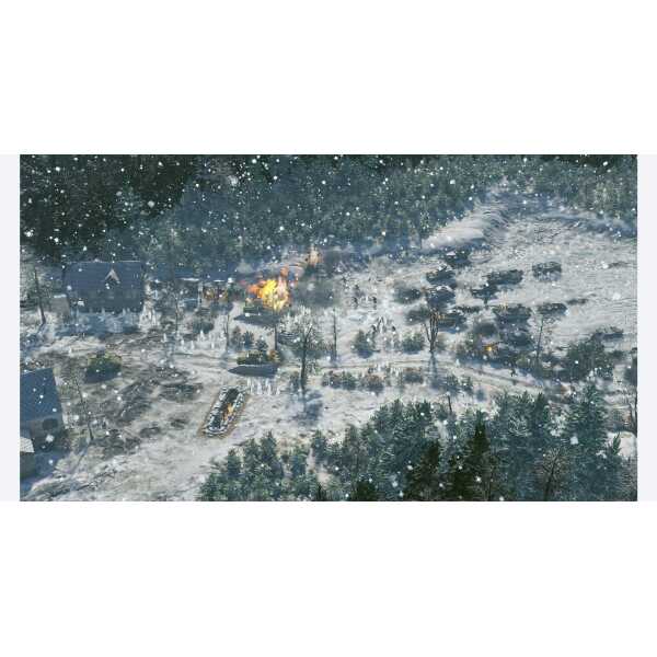 Snow-covered battlefield with tanks and explosions in a winter war scene.