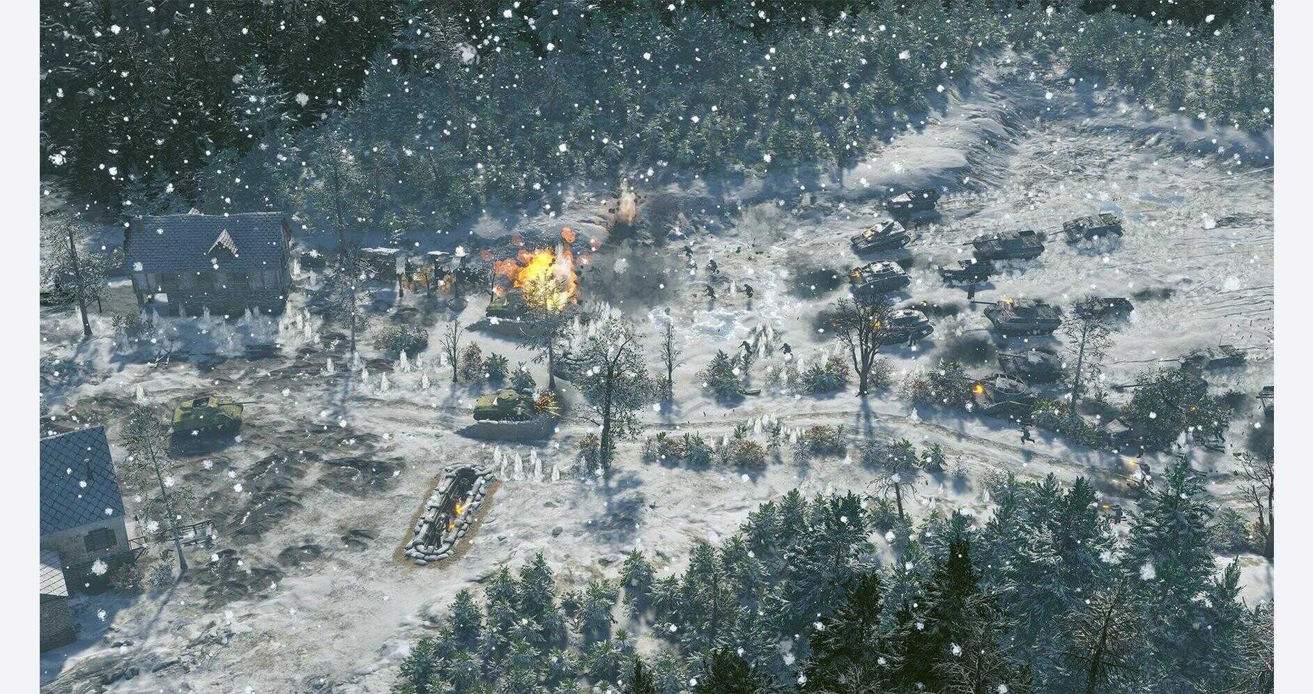 Snow-covered battlefield with tanks and explosions in a winter war scene.