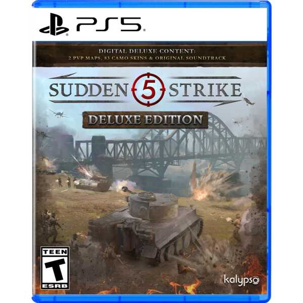 Sudden Strike 5 Deluxe Edition PS5 game cover with military battlefield scene.