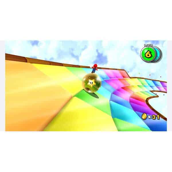 Super Mario Galaxy 2 Rainbow Road level with Mario on a rainbow track.