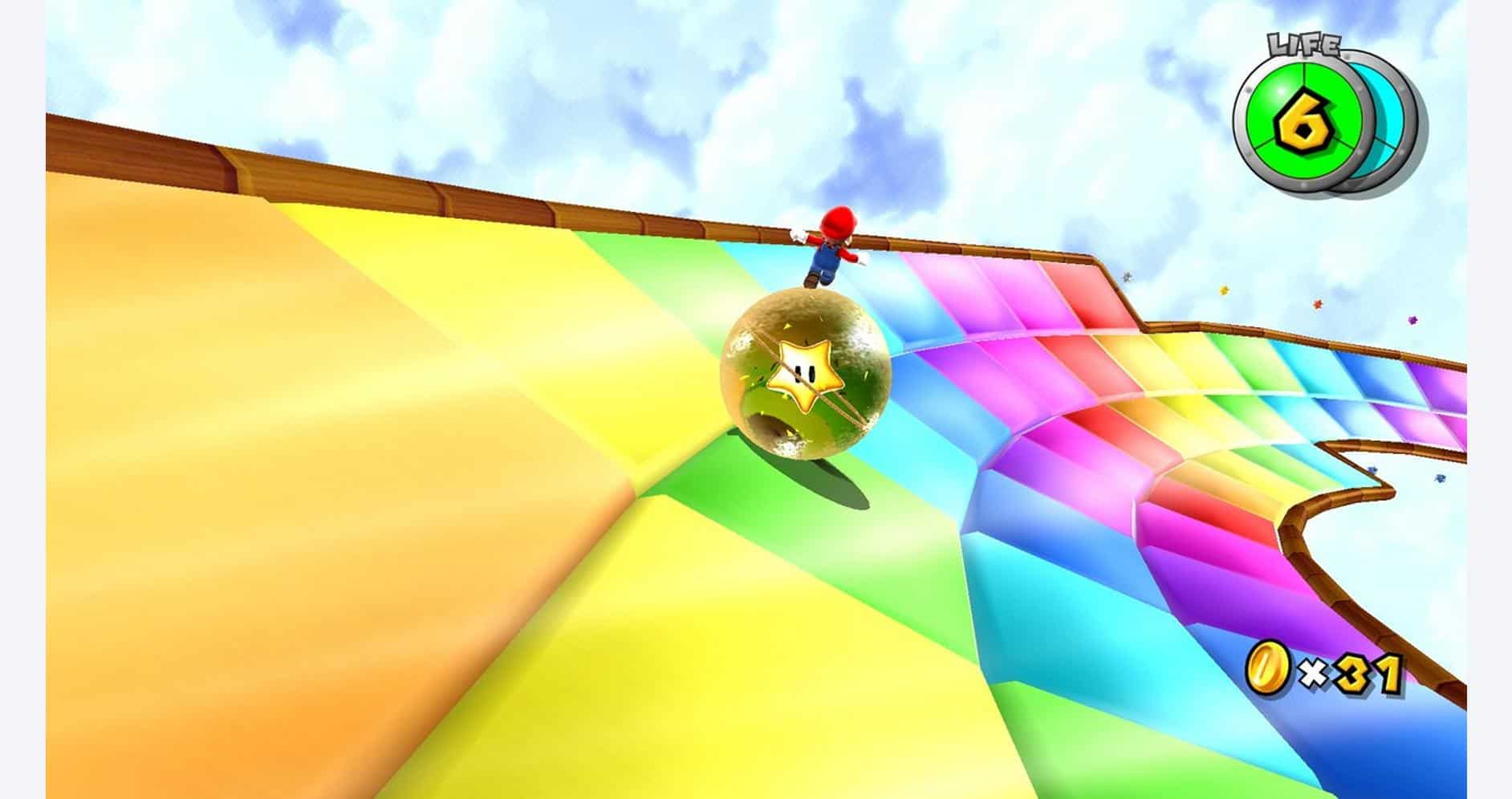 Super Mario Galaxy 2 Rainbow Road level with Mario on a rainbow track.