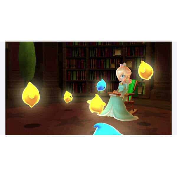 Princess Peach reading in a library with Luma characters from Super Mario Galaxy.