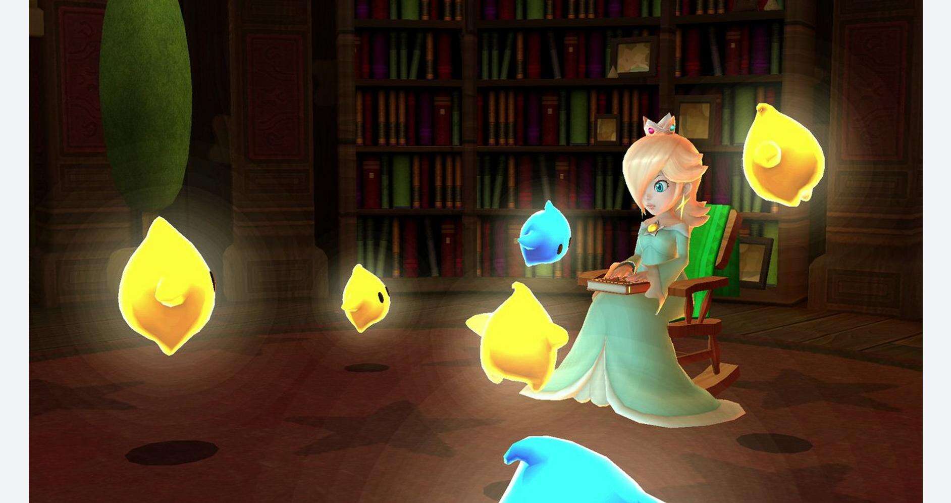 Princess Peach reading in a library with Luma characters from Super Mario Galaxy.