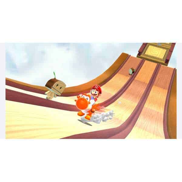 Mario sliding down a colorful wooden slide with Yoshi and Toad in Super Mario Galaxy.