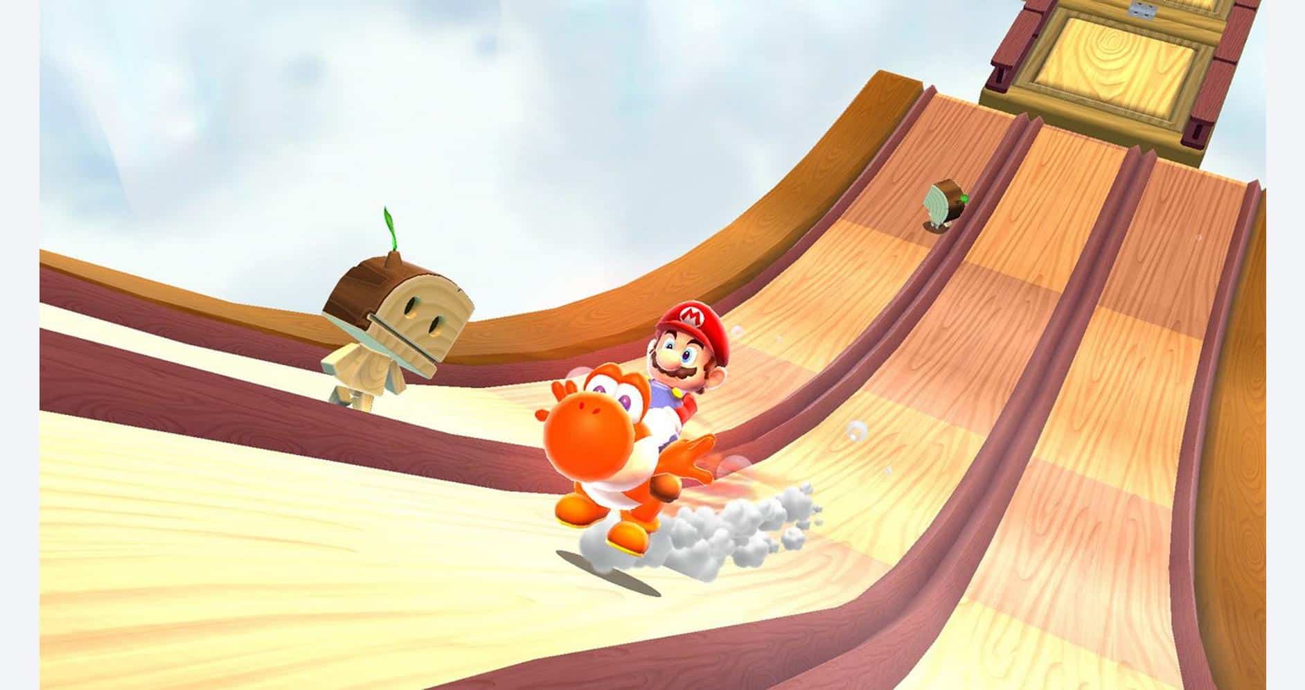 Mario sliding down a colorful wooden slide with Yoshi and Toad in Super Mario Galaxy.