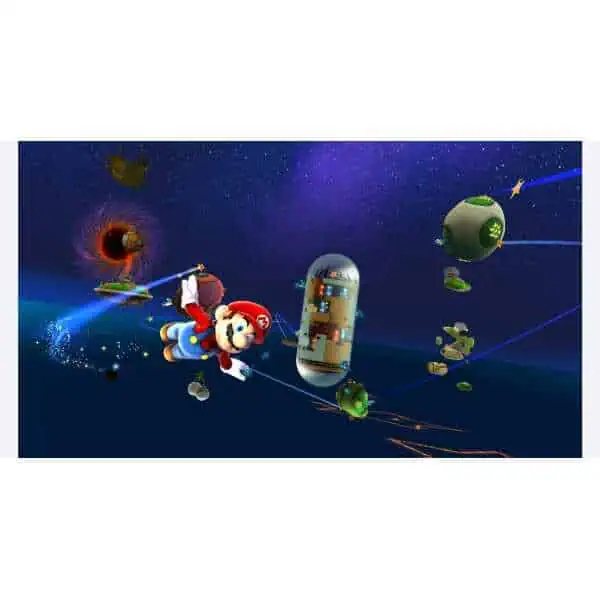 Mario in space from Super Mario Galaxy and Galaxy 2 with planets and stars.