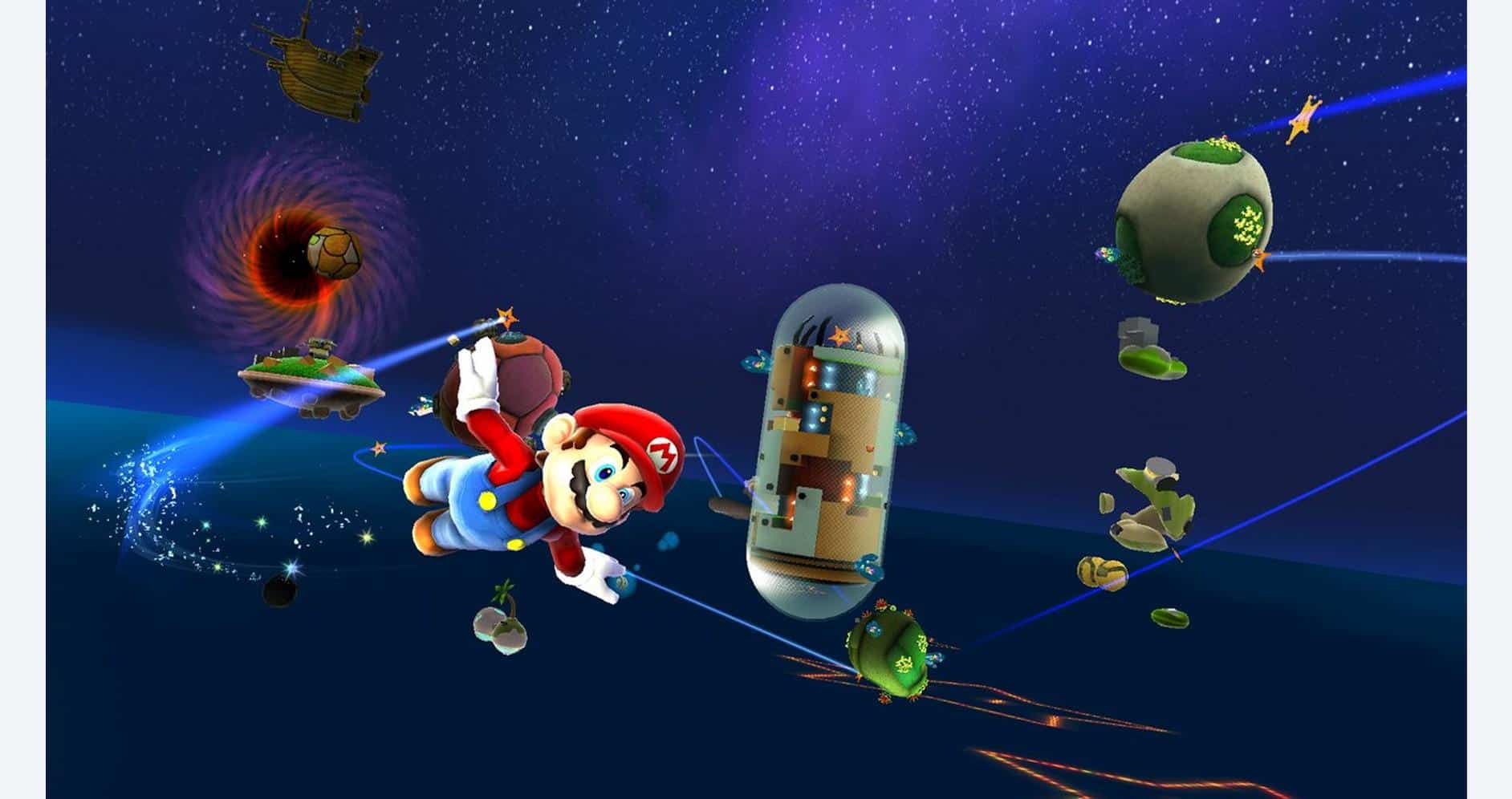 Mario in space from Super Mario Galaxy and Galaxy 2 with planets and stars.