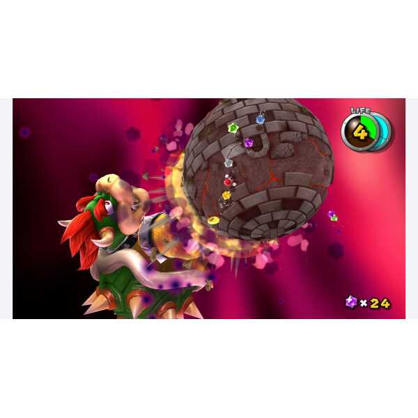 Mario battles a large asteroid in space from Super Mario Galaxy games.