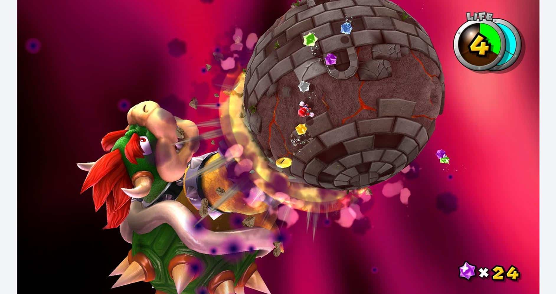 Mario battles a large asteroid in space from Super Mario Galaxy games.