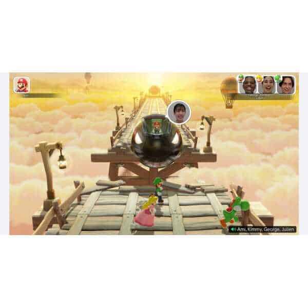 Super Mario Party Jamboree scene with Mario, Princess Peach, and Yoshi on a floating platform.