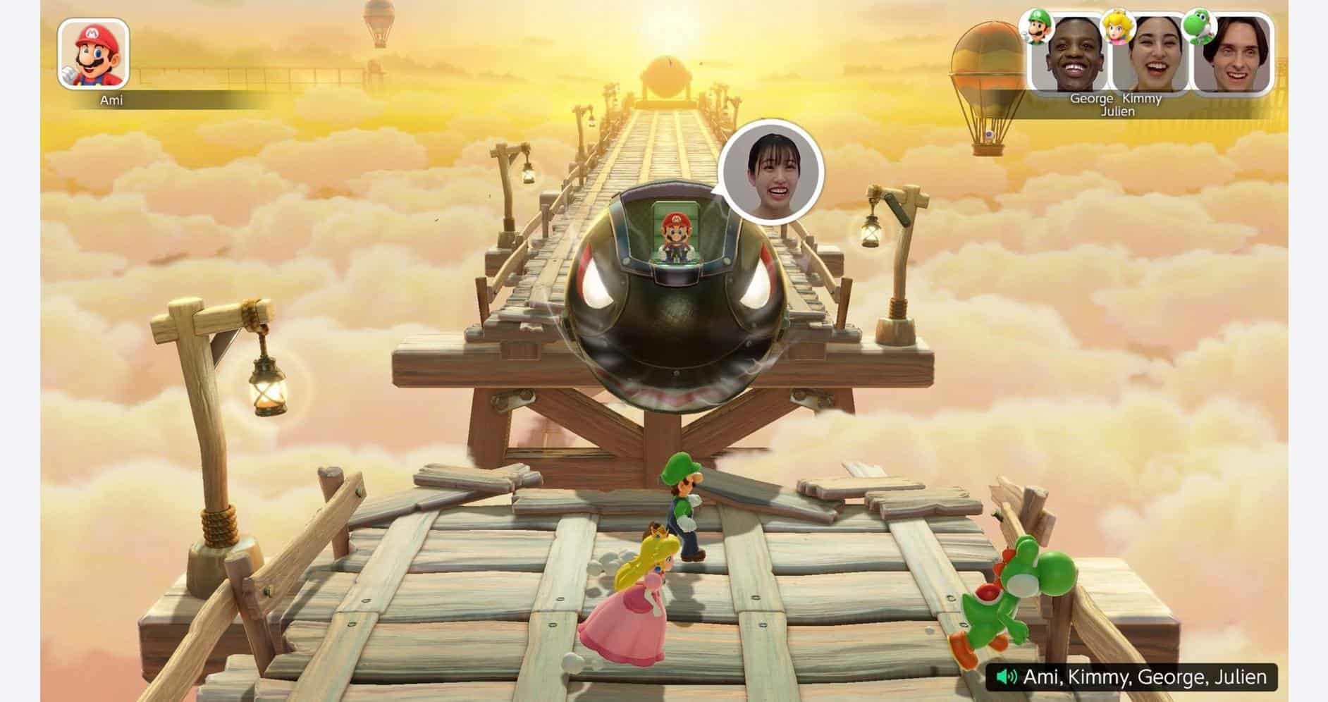 Super Mario Party Jamboree scene with Mario, Princess Peach, and Yoshi on a floating platform.