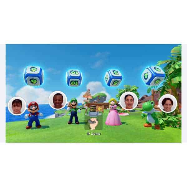 Super Mario Party Jamboree scene with Mario, Luigi, Peach, Yoshi, and dice blocks on a vibrant islan.