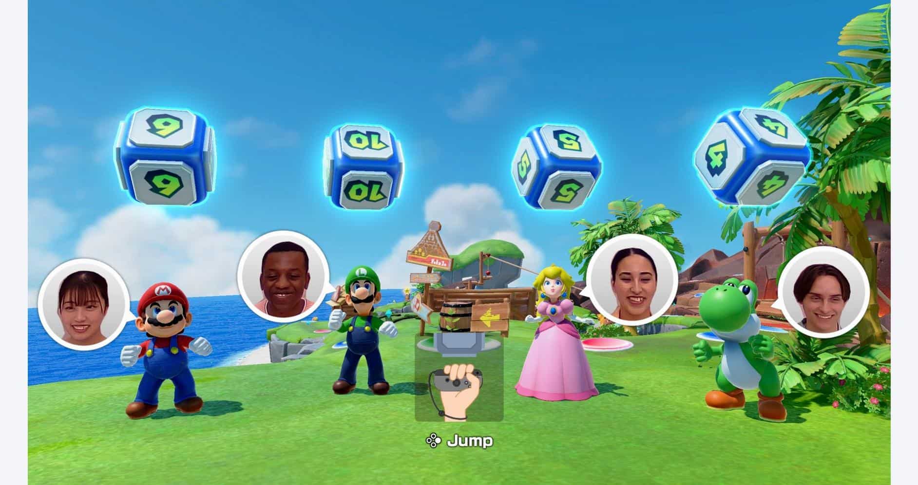 Super Mario Party Jamboree scene with Mario, Luigi, Peach, Yoshi, and dice blocks on a vibrant islan.