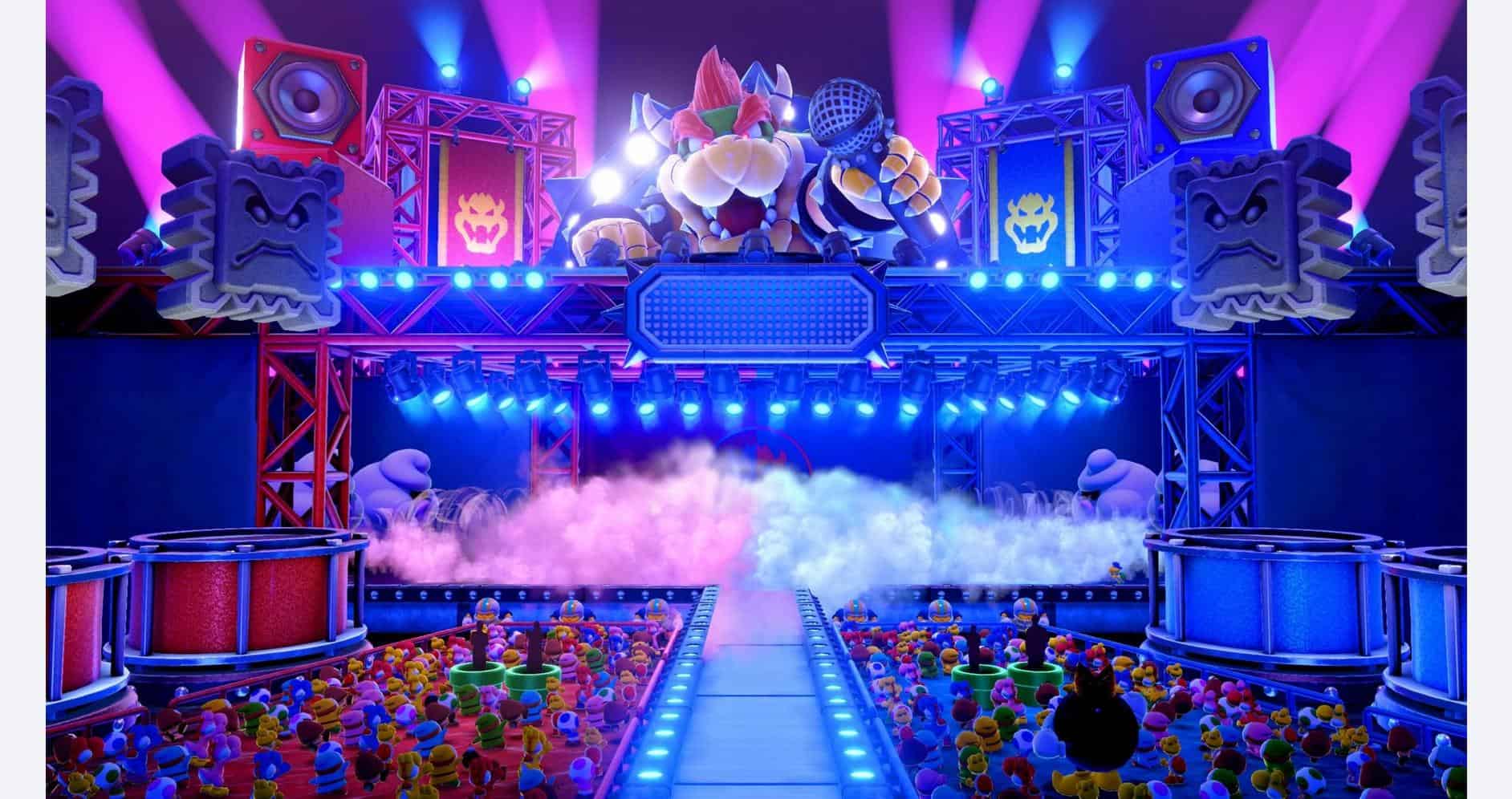 Super Mario Party stage with colorful decorations and gaming setup.