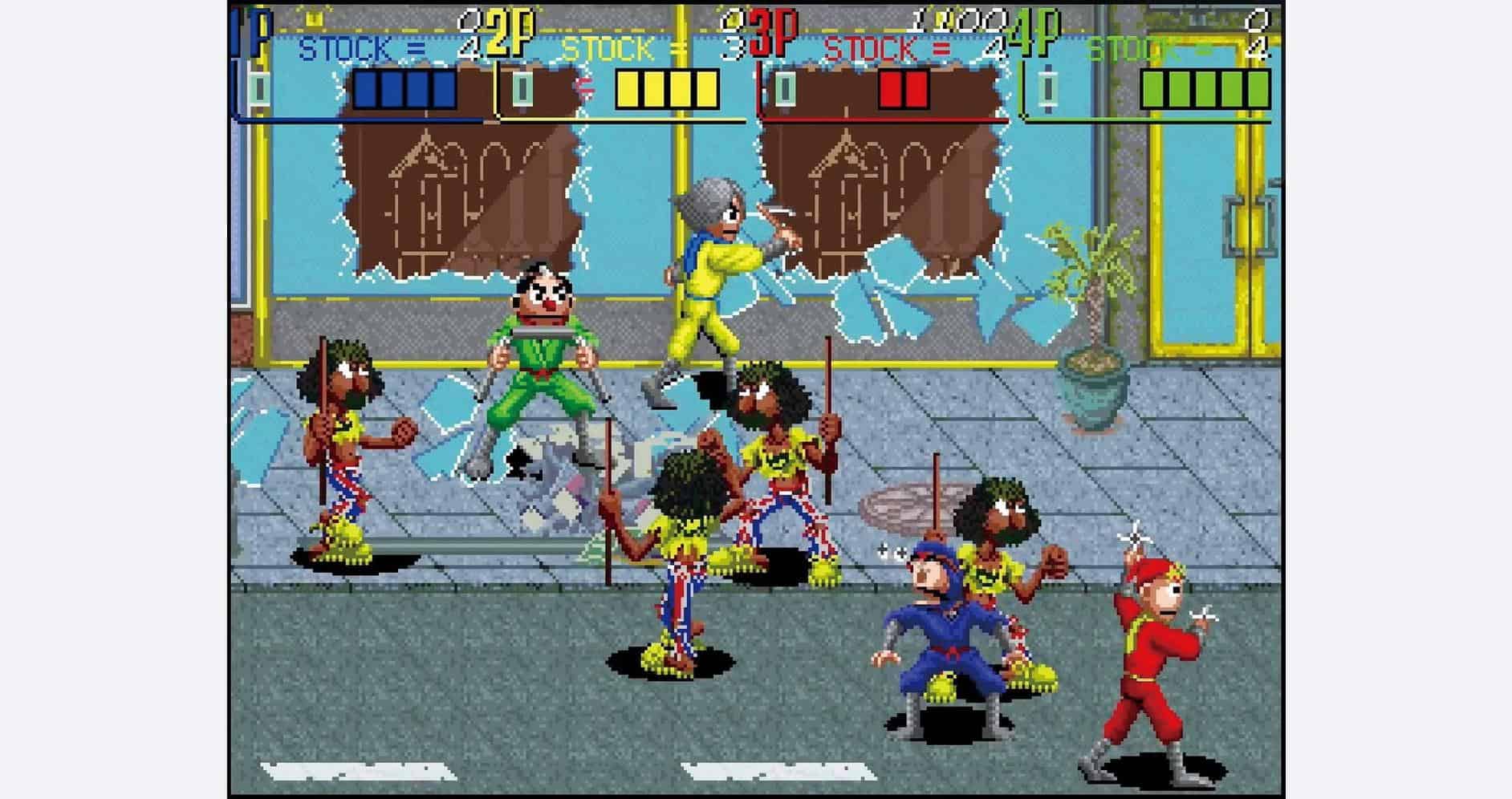 Arcade game screenshot featuring Taito's classic characters battling in a colorful street scene.