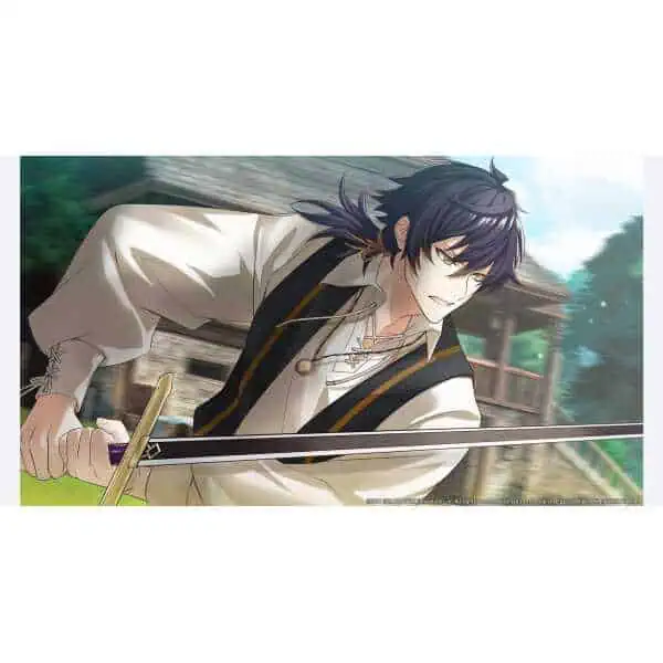 Dynamic anime-style illustration of Temirana wielding a sword in a lush outdoor setting.