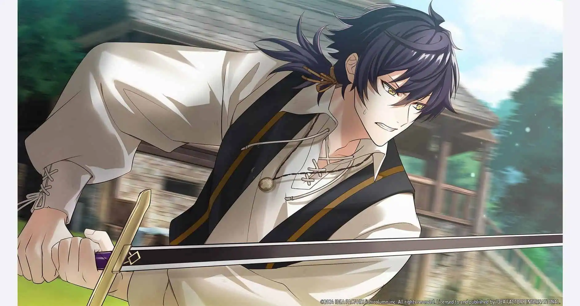 Dynamic anime-style illustration of Temirana wielding a sword in a lush outdoor setting.